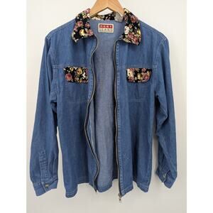 VINTAGE HGNY Jeans Denim Shirt 100% Cotton w Floral Collar & Pocket Flaps